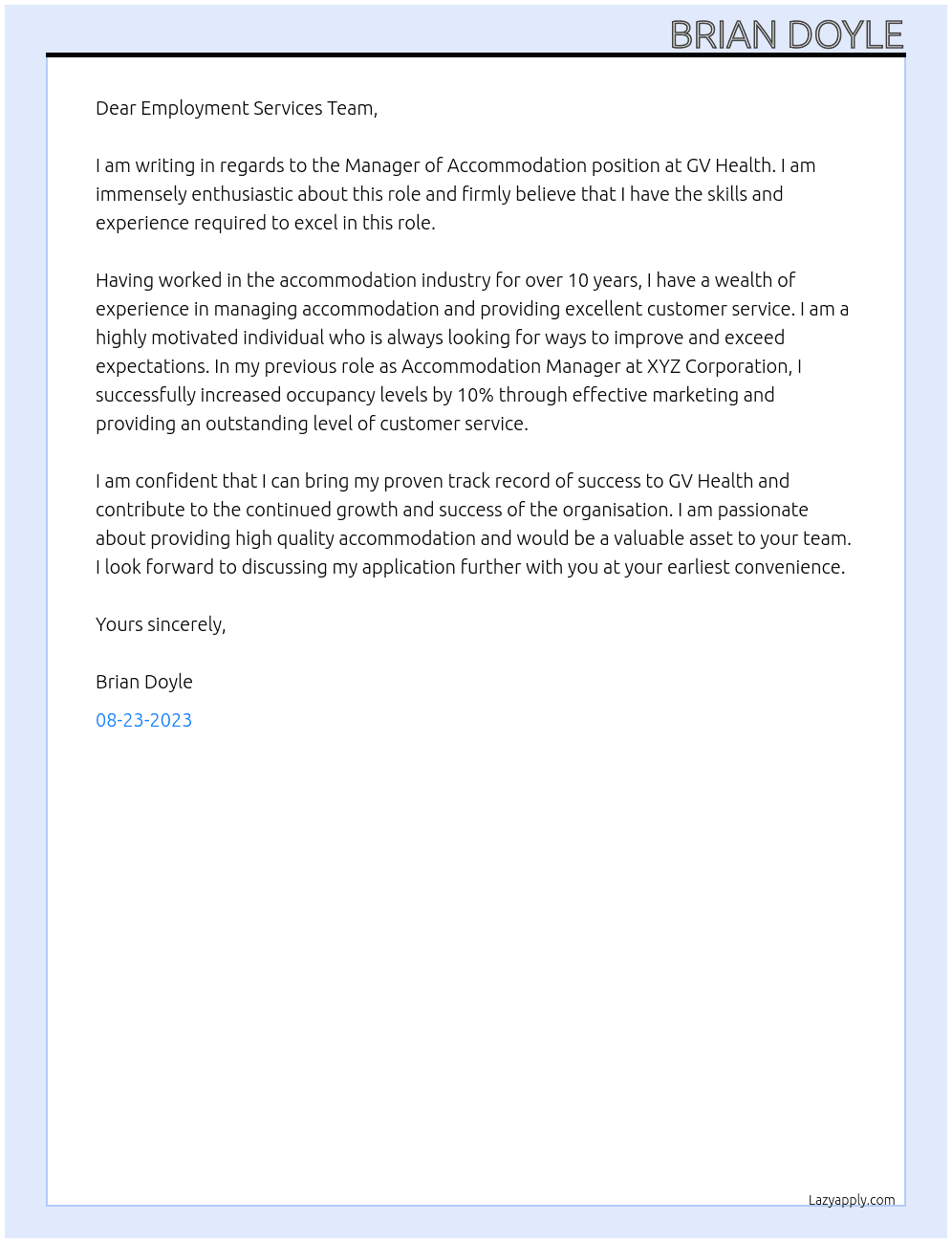 Manager of accommodation  At GV Health Cover Letter