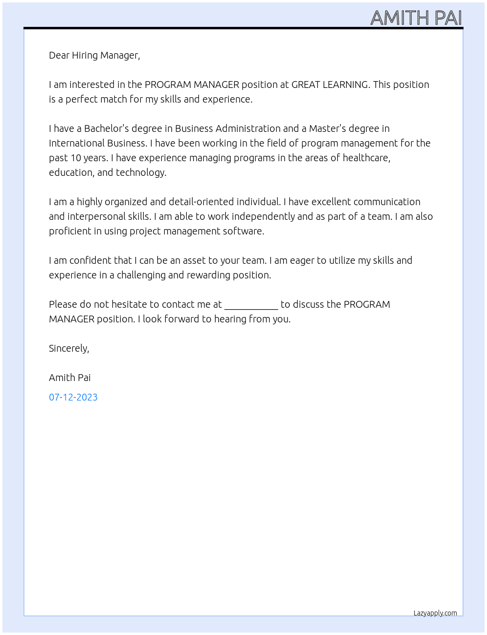PROGRAM MANAGER At GREAT LEARNING Cover Letter