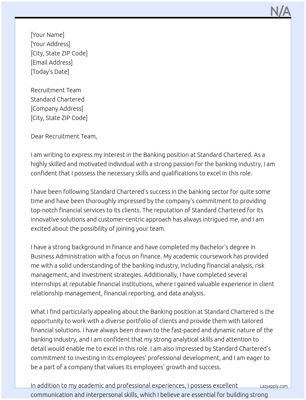 Banking At Standard chartered Cover Letter
