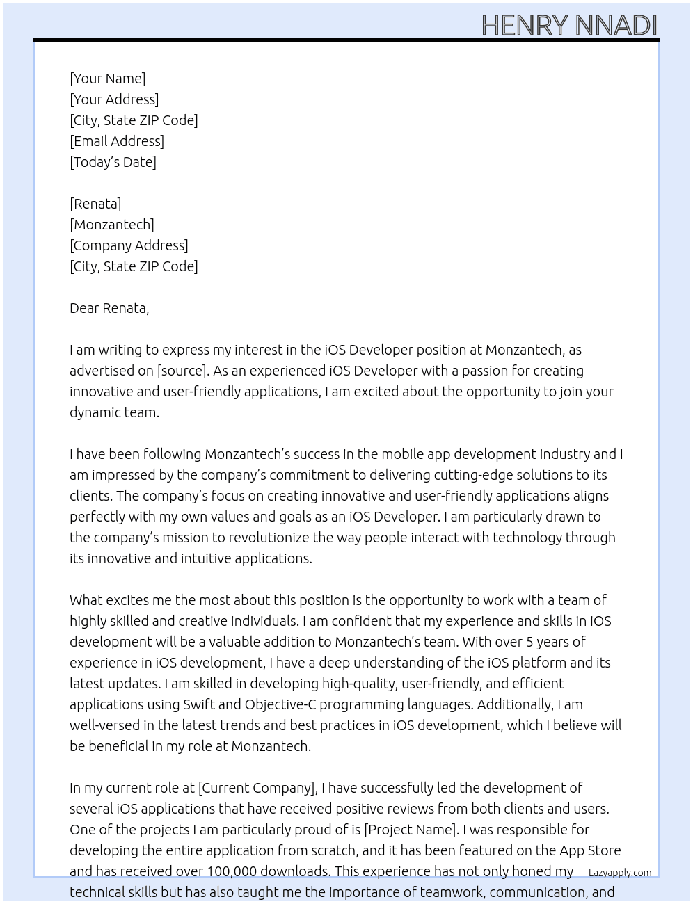 iOS Developer At Monzantech Cover Letter