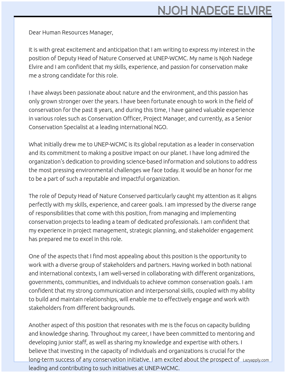 Deputy Head of Nature Conserved At UNEP-WCMC Cover Letter