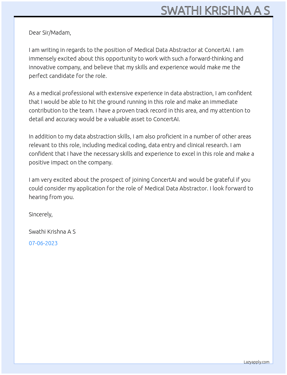 Medical data abstractor  At ConcertAI  Cover Letter