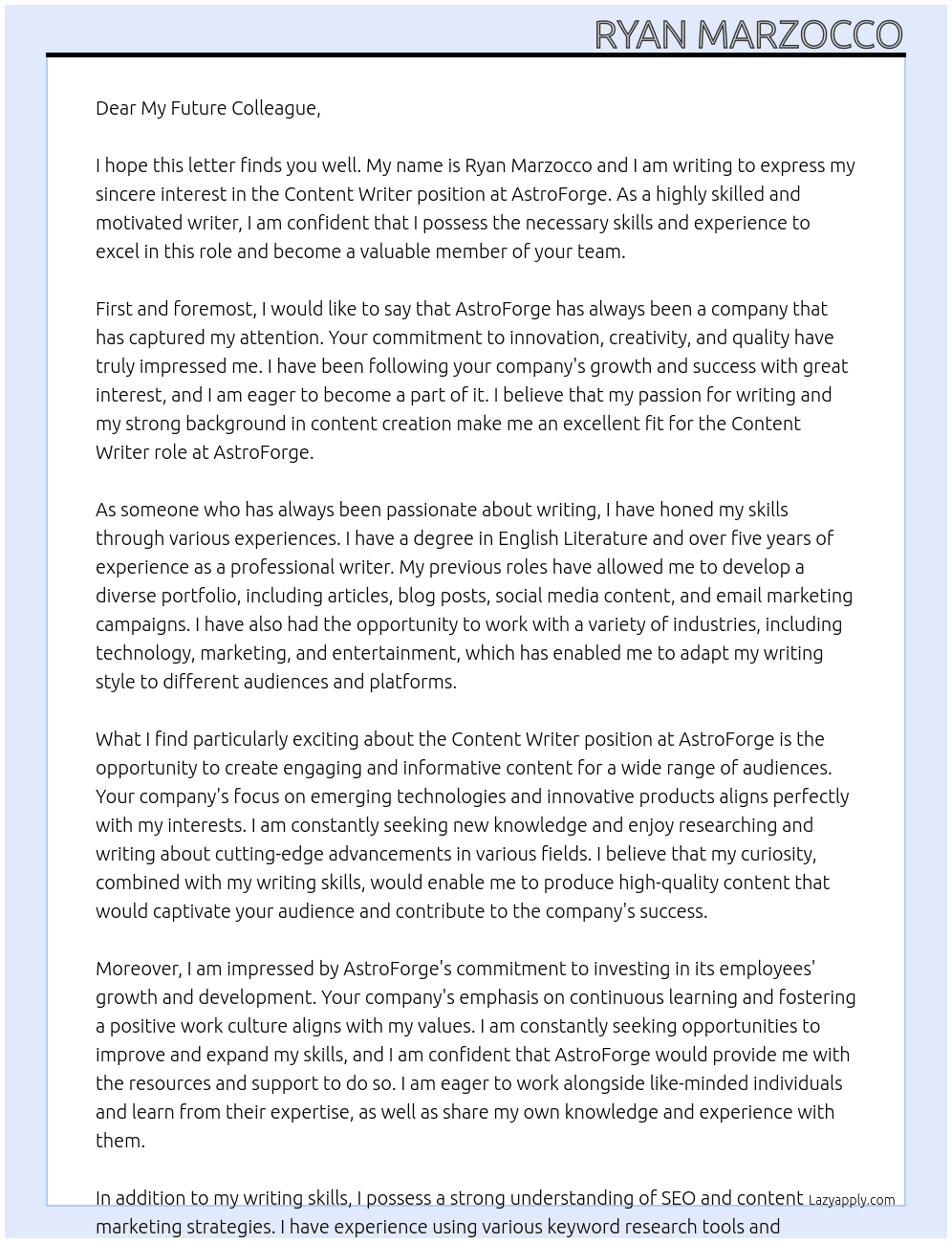 Content Writer At AstroForge Cover Letter