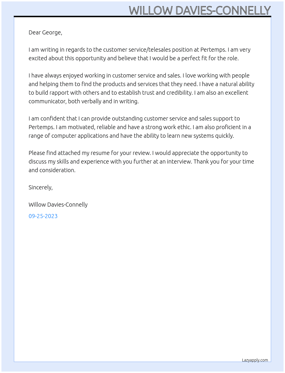customer service/telesales At Pertemps  Cover Letter