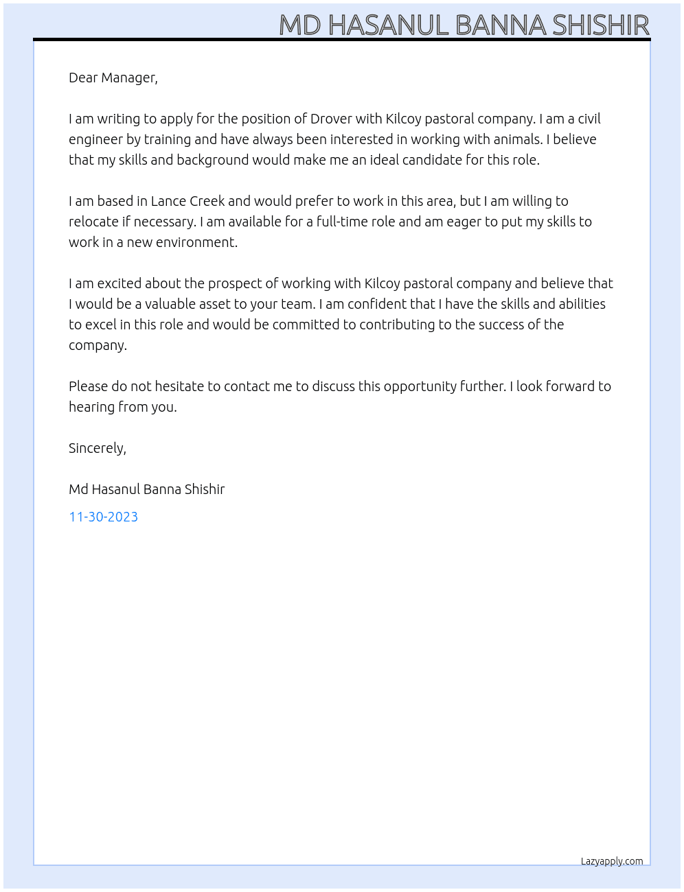 Drover At Kilcoy pastoral company Cover Letter