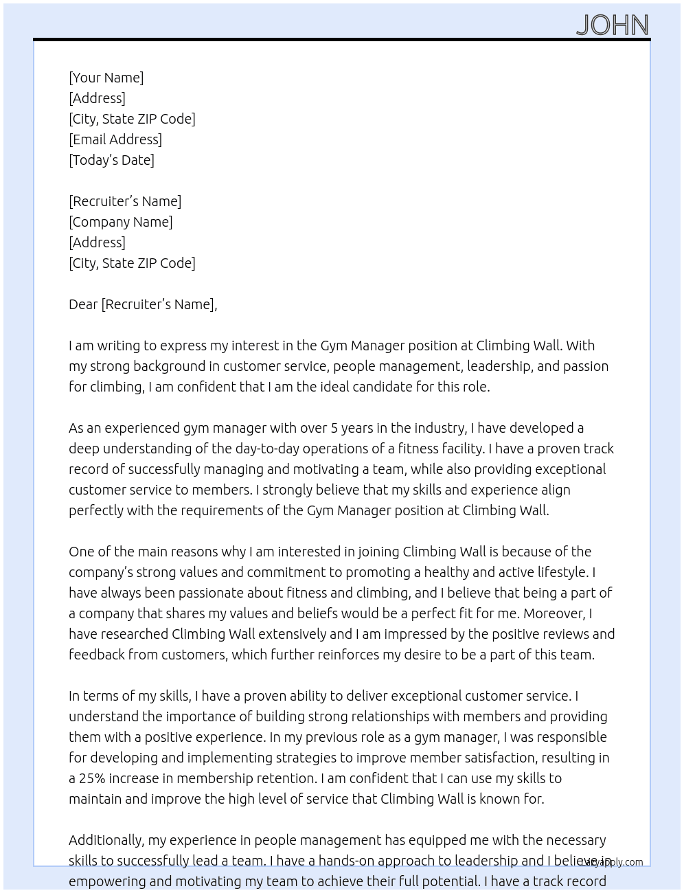 gym manager At Climbing Wall Cover Letter