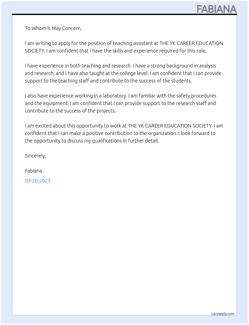teaching assistant At THE YK CAREER EDUCATION SOCIETY Cover Letter