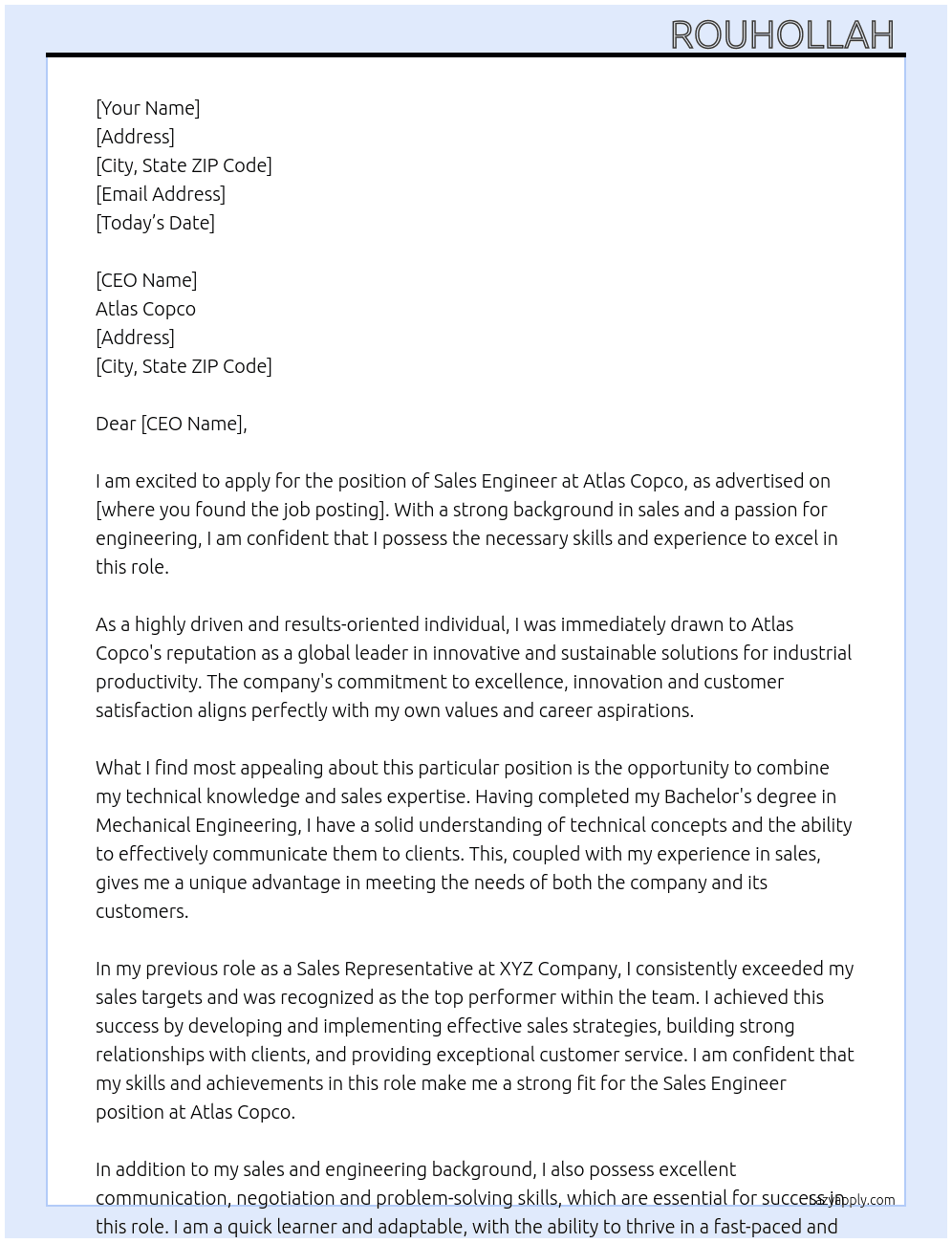 Sales engineer  At Atlas copco Cover Letter