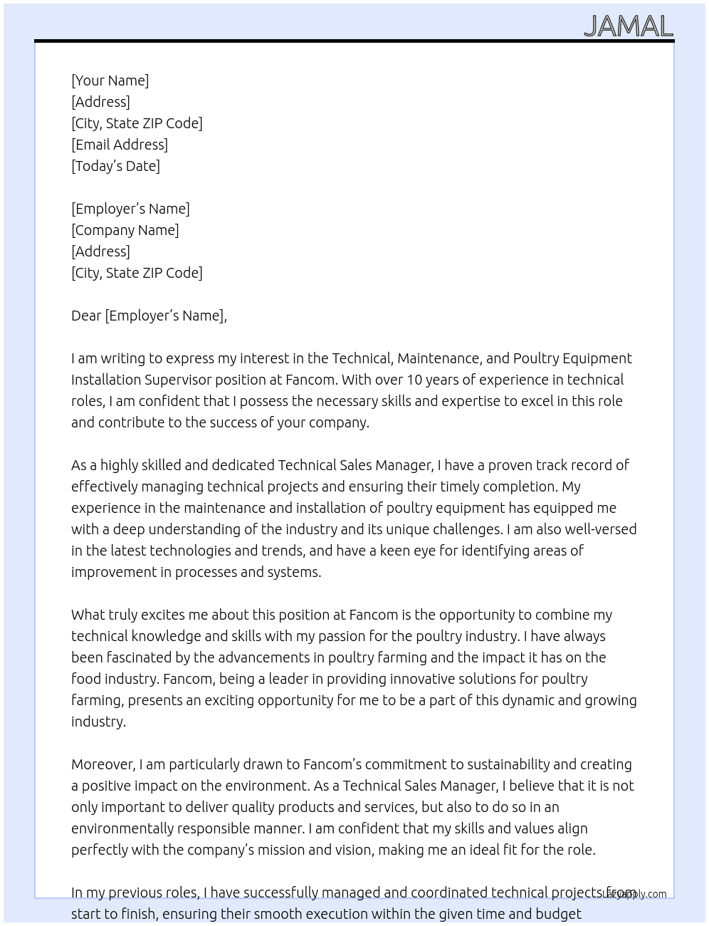 Technical, Maintenance, Poultry equipment installation supervisor At Fancom Cover Letter