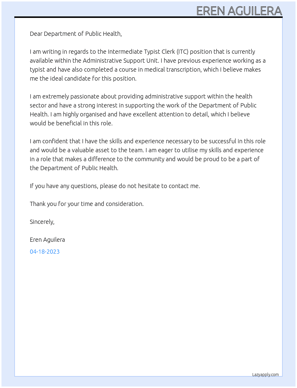 ntermediate Typist Clerk (ITC) At Administrative Support Unit Cover Letter