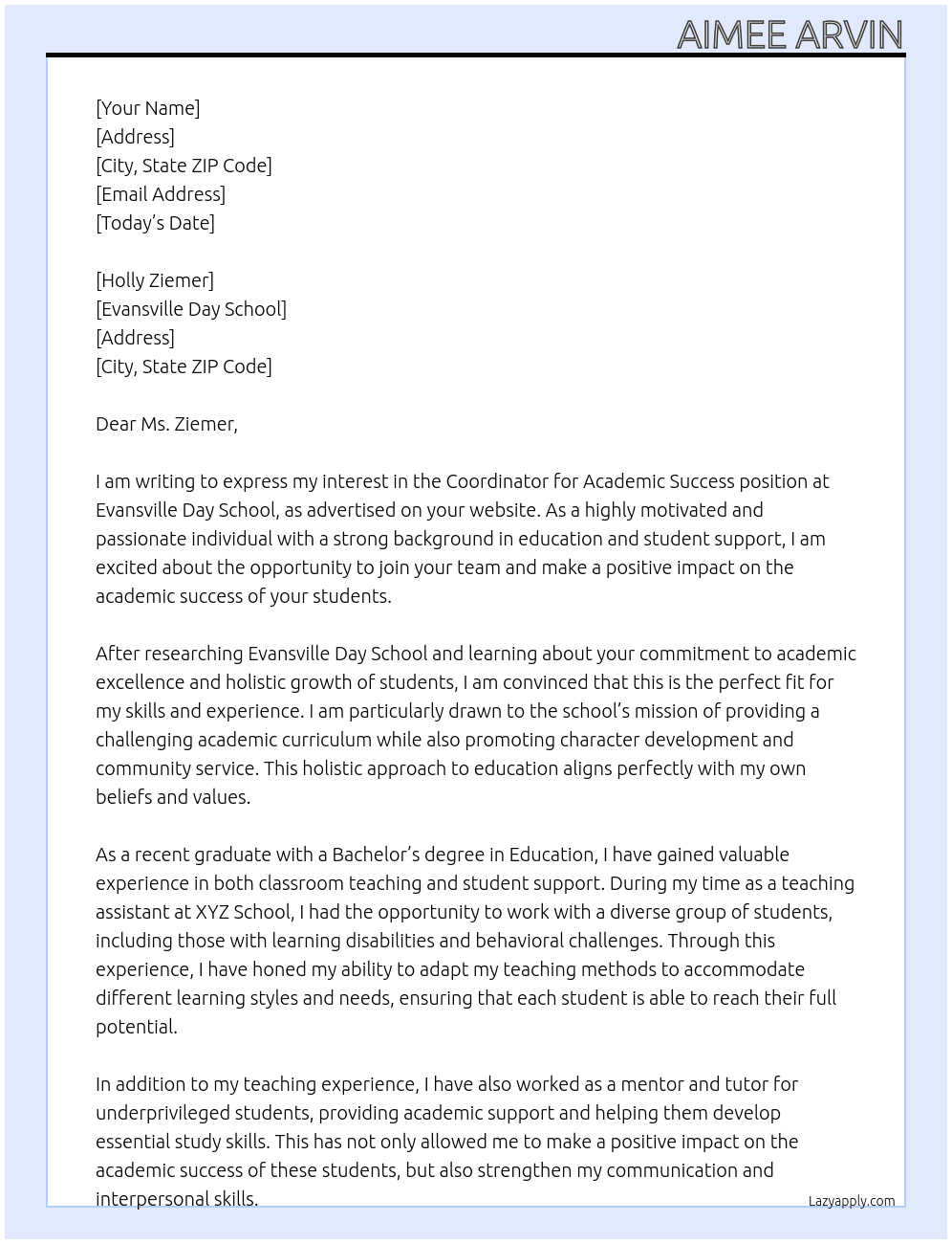 Coordinator for Academic Success At Evansville Day School Cover Letter