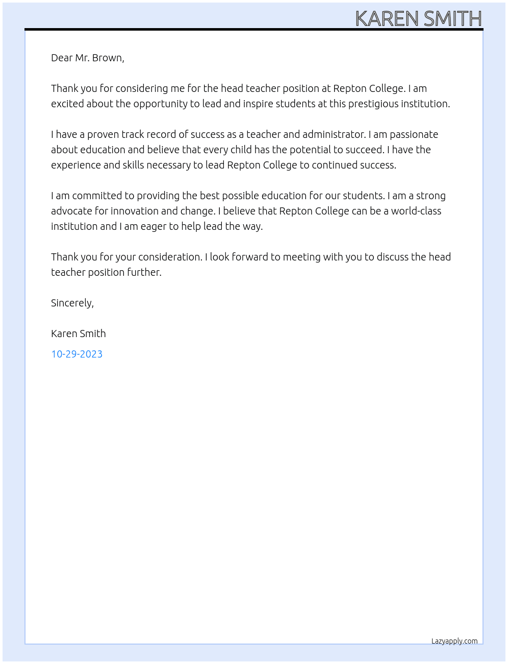 Head teacher At Repton College Cover Letter