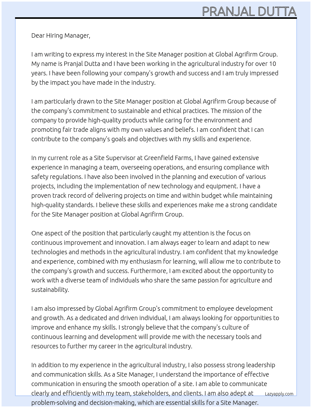 site manager At Global Agrifirm Group Cover Letter