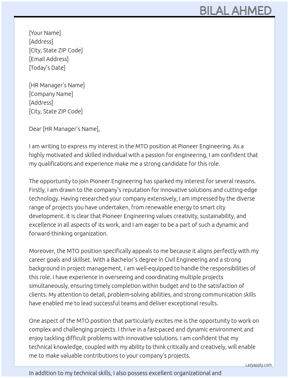 MTO At Pioneer engineering  Cover Letter