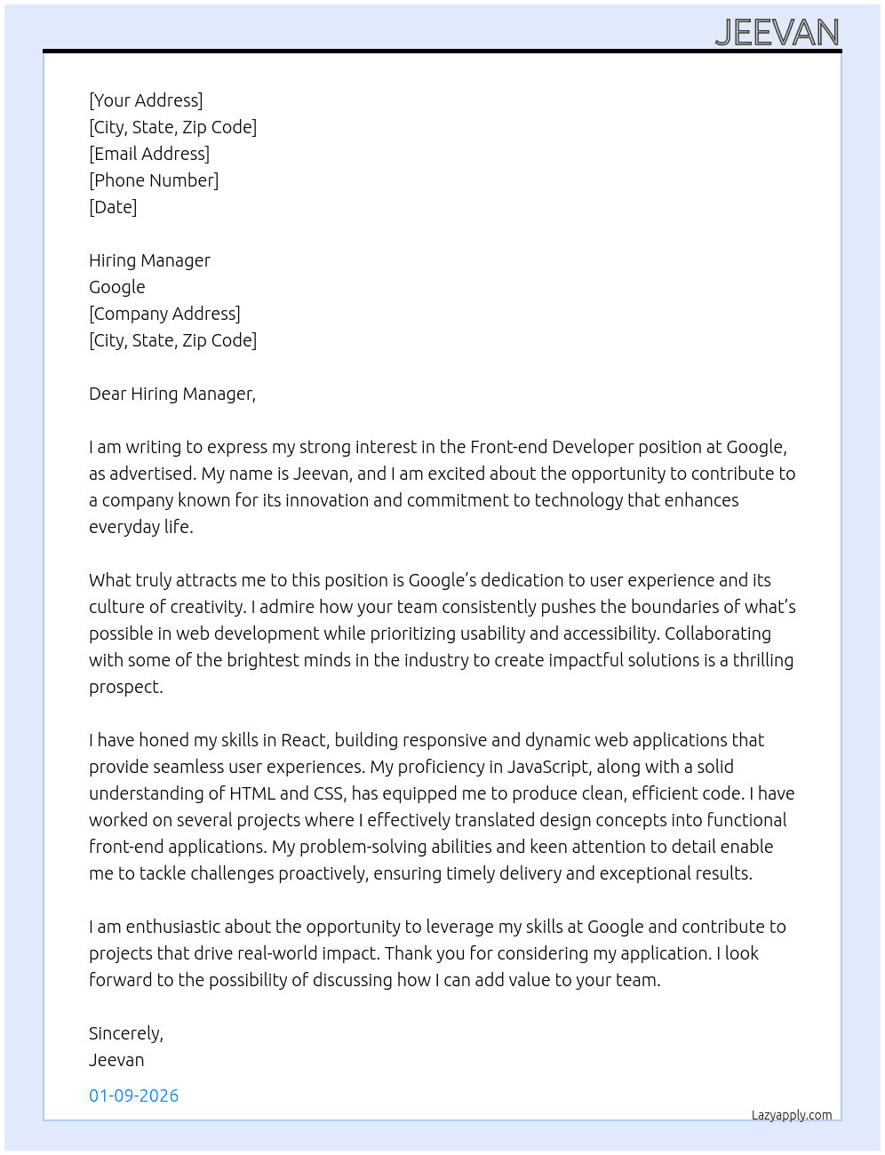 Front-end Developer At Google Cover Letter