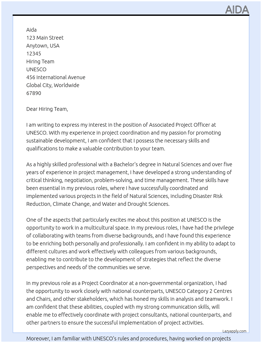 Associated Project Officer At UNESCO Cover Letter