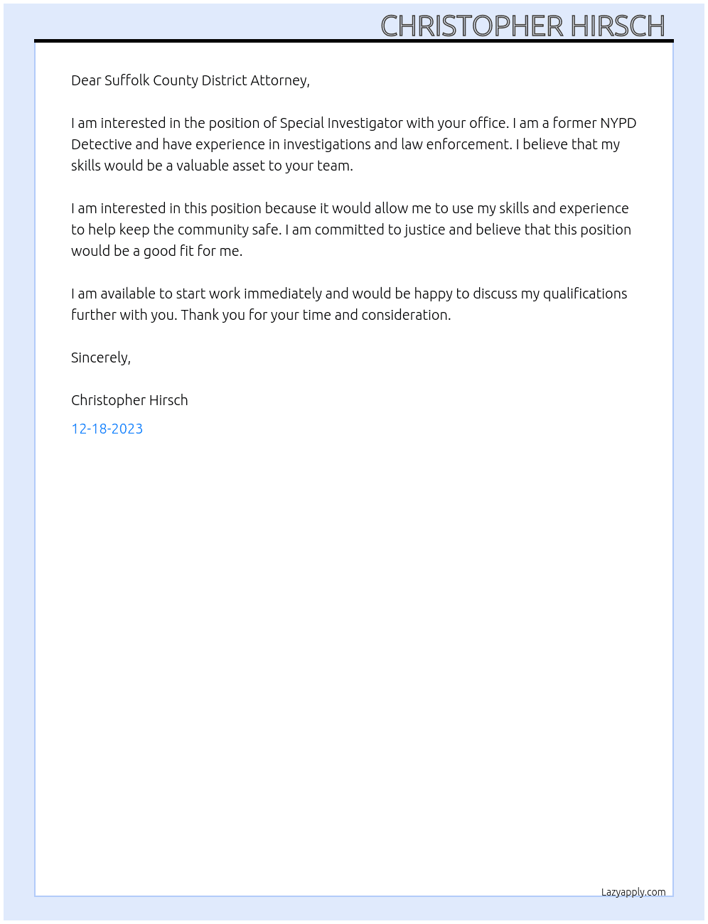 Special Investigator At Suffolk County District Attorney  Cover Letter