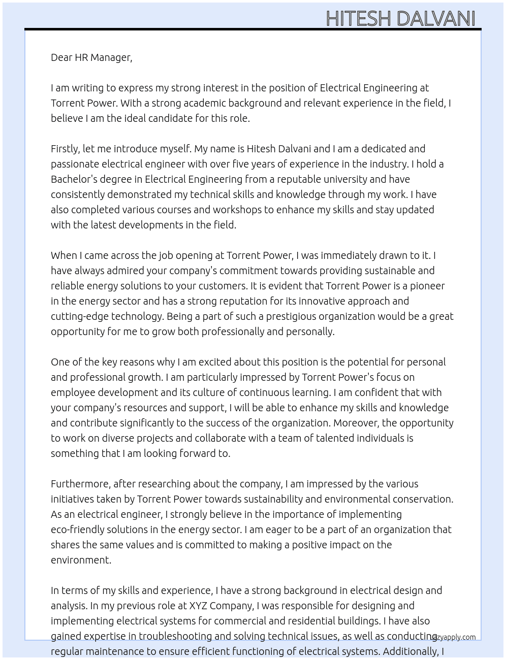 Electrical Engineering  At Torrent power  Cover Letter