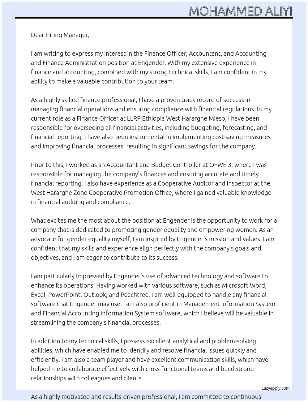 Finance Officer, accountant and accounting and finance administration At engender Cover Letter