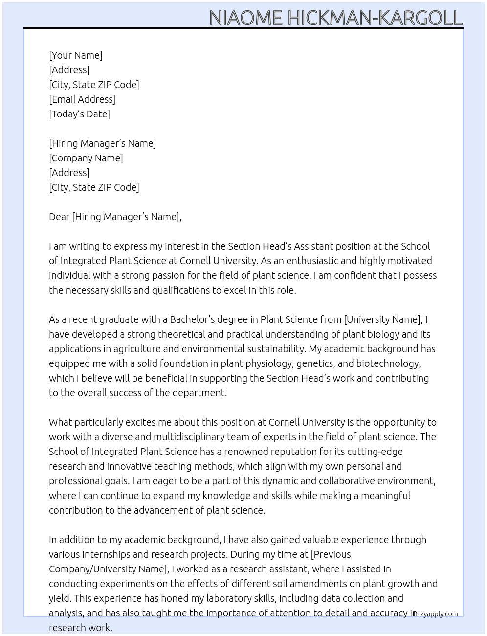 Section Head’s Assistant, School of Integrated Plant Science At Cornell University  Cover Letter