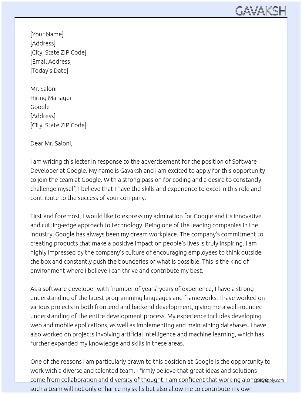 software developers At google Cover Letter