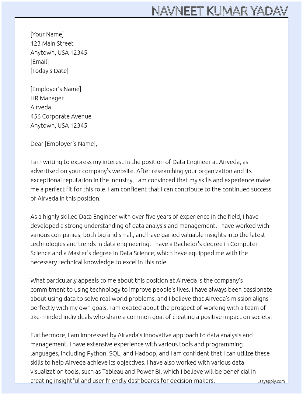 Data Engineer  At Airveda Cover Letter