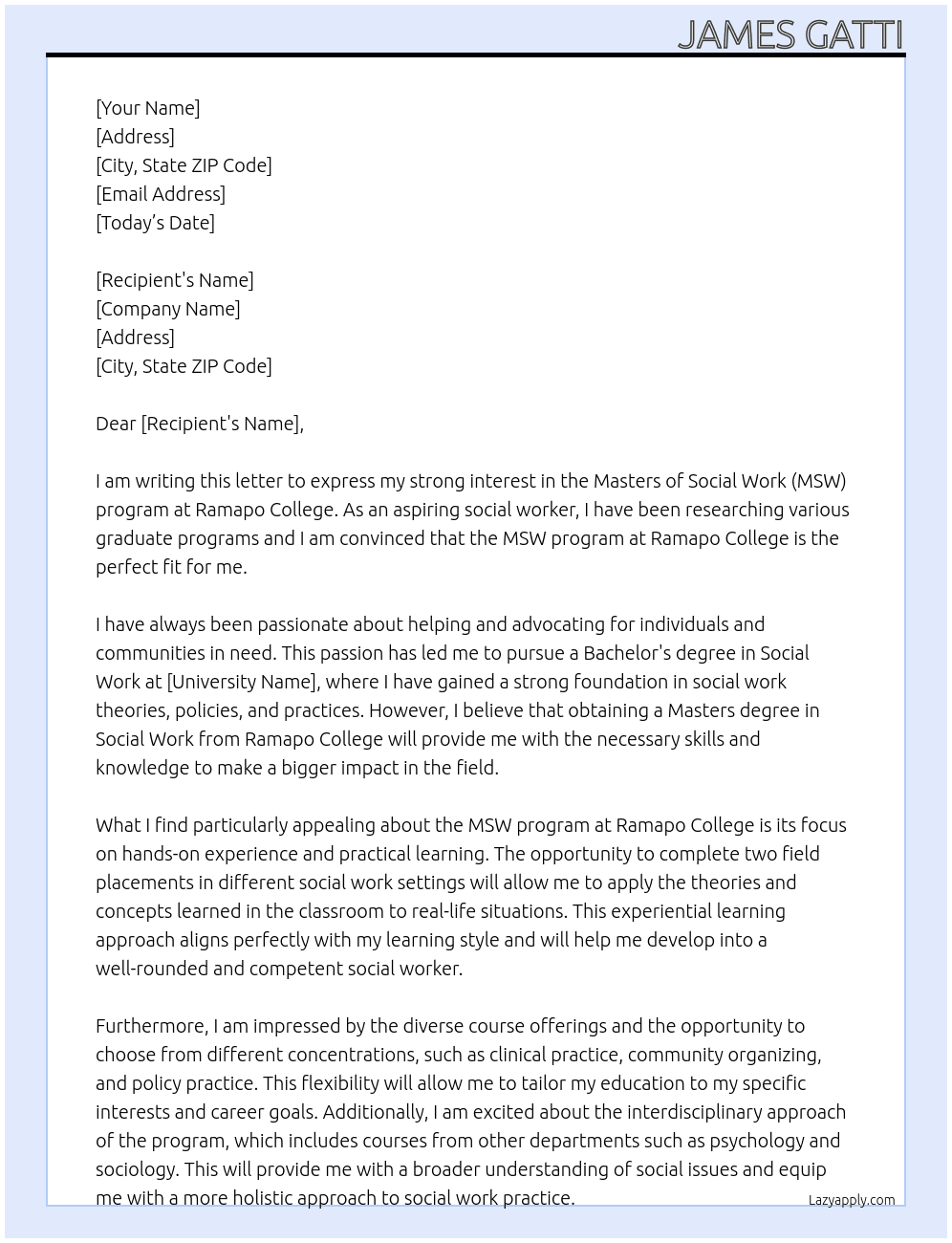 Masters of Social work At Rampo College Cover Letter
