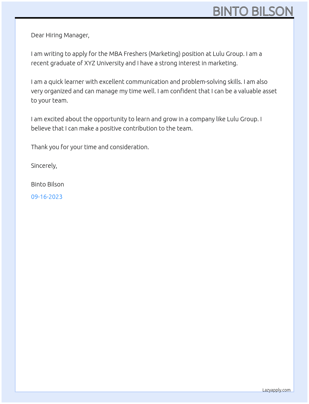 MBA Freshers(Marketing) At Lulu Group  Cover Letter