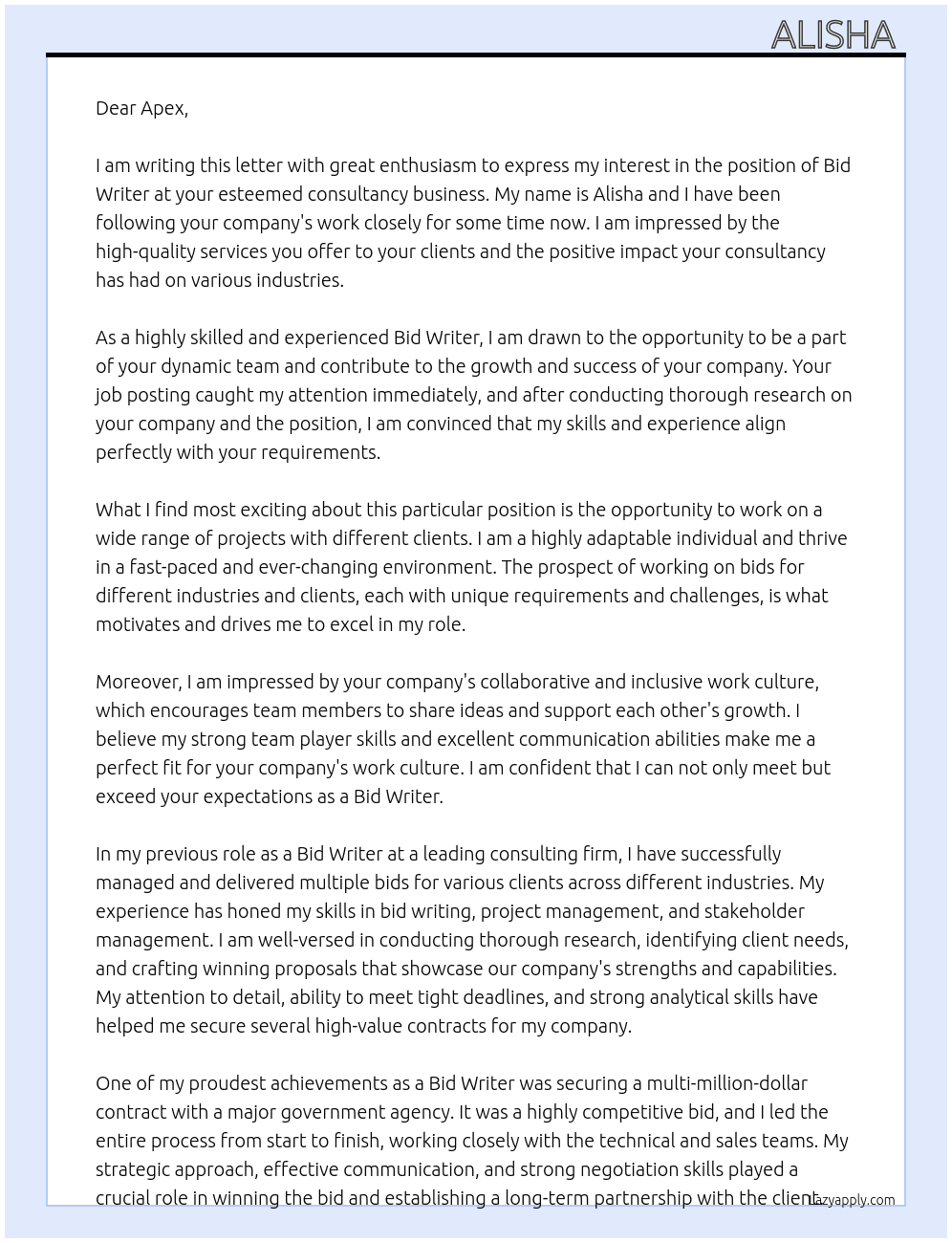  Bid Writer At Consultancy business  Cover Letter