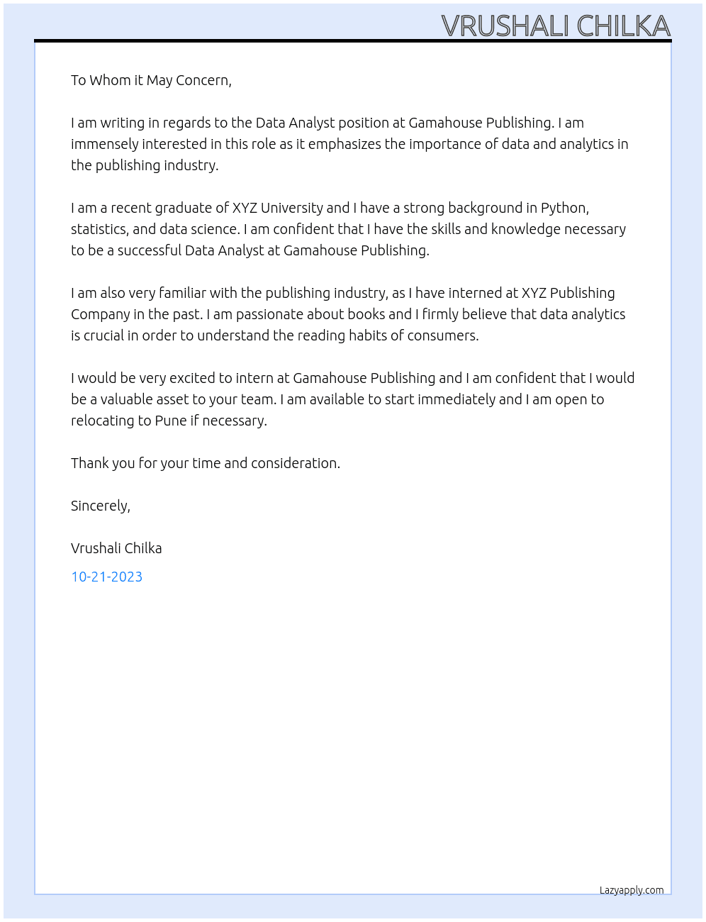 Data Analyst At Gamahouse Publishing Cover Letter