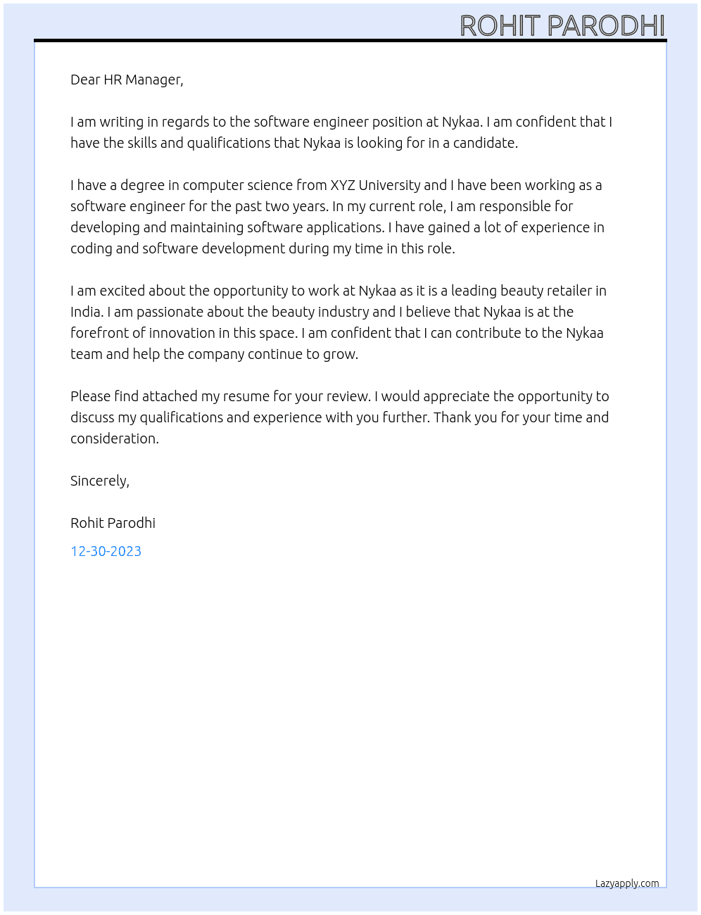 Software Enginner At Nykaa Cover Letter