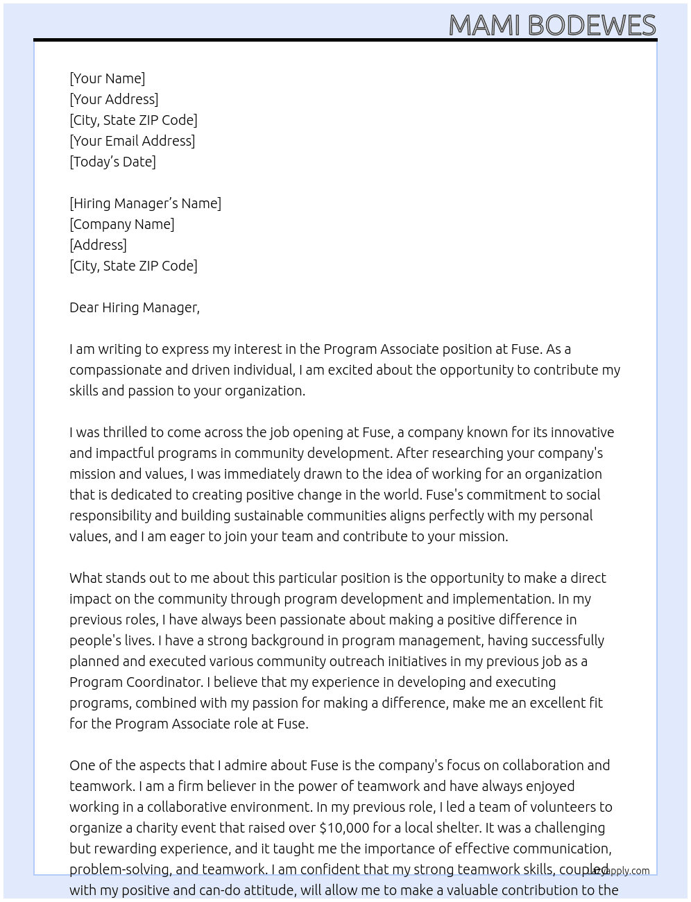 Program Associae At Fuse Cover Letter