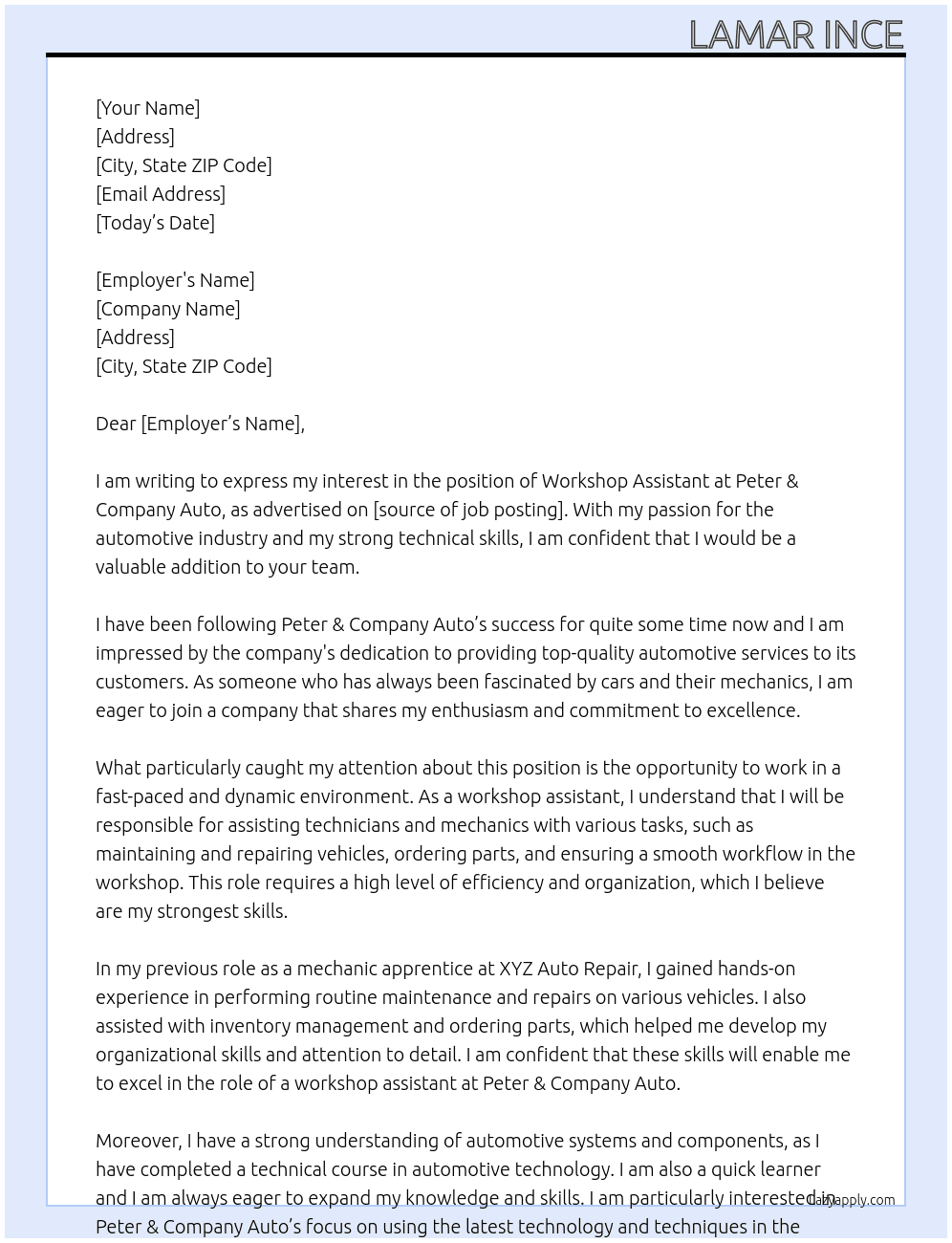 workshop assistant  At Peter & company auto Cover Letter