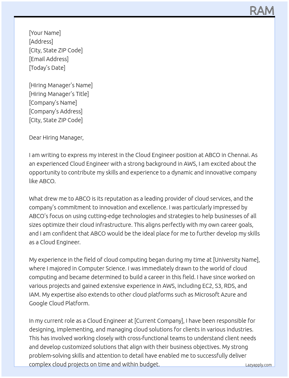 Cloud Engineer At ABCO Cover Letter