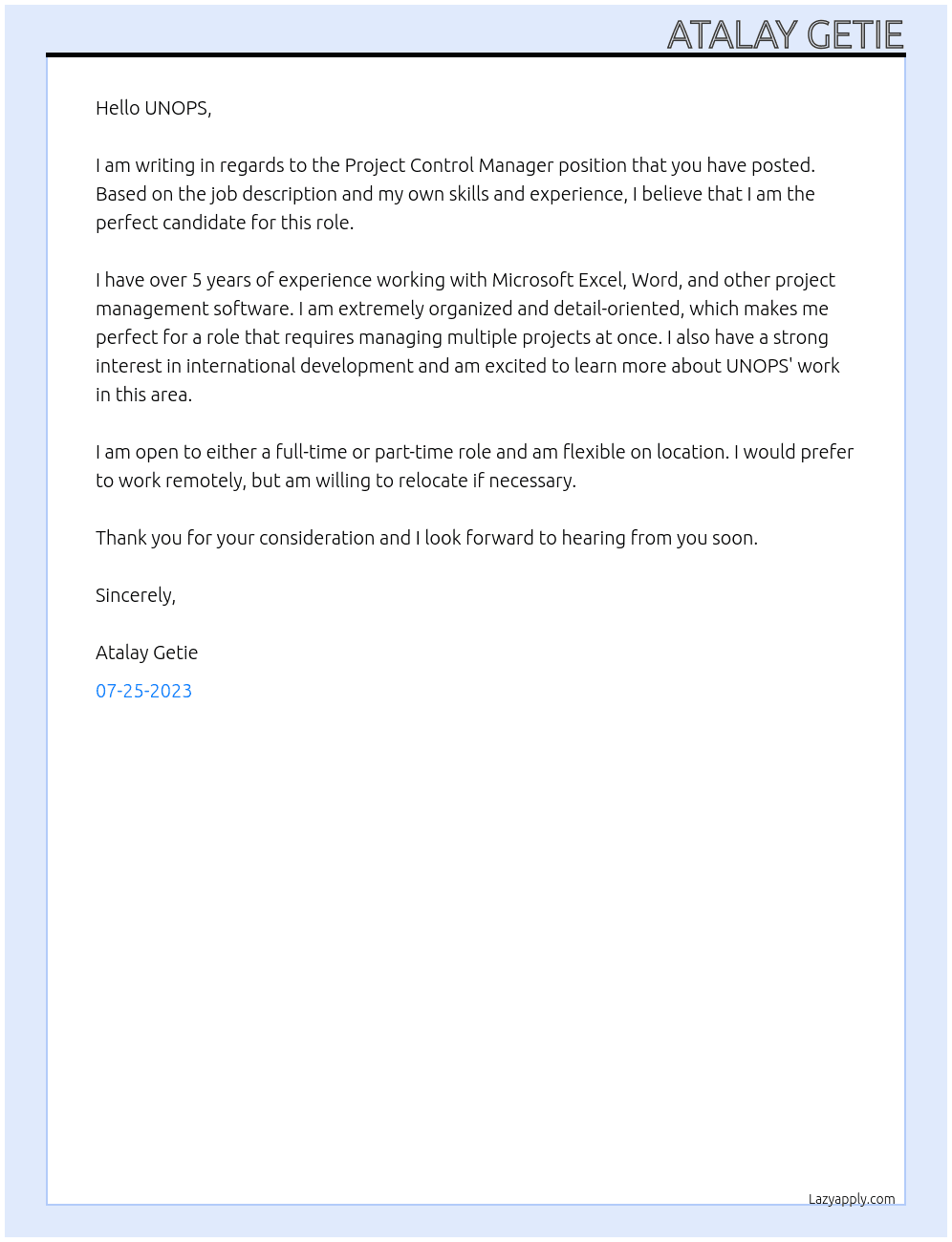 Project control manager At UNOPS Cover Letter