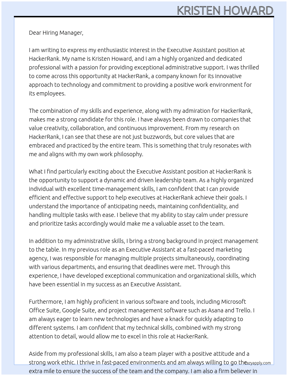 Executive Assistant At HackerRank Cover Letter