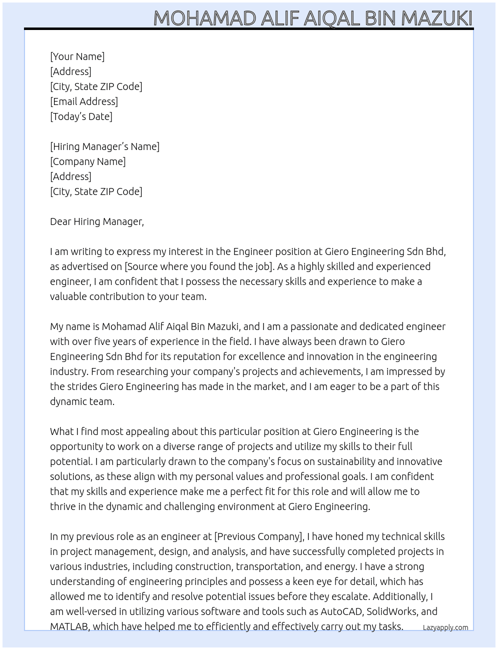 Engineer At Giero Engineering Sdn Bhd Cover Letter