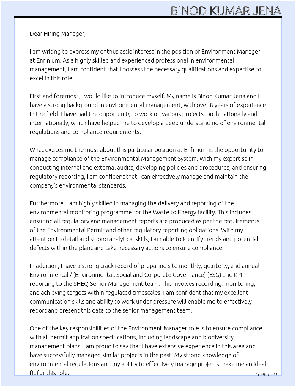 Environment Manager At Enfinium Cover Letter