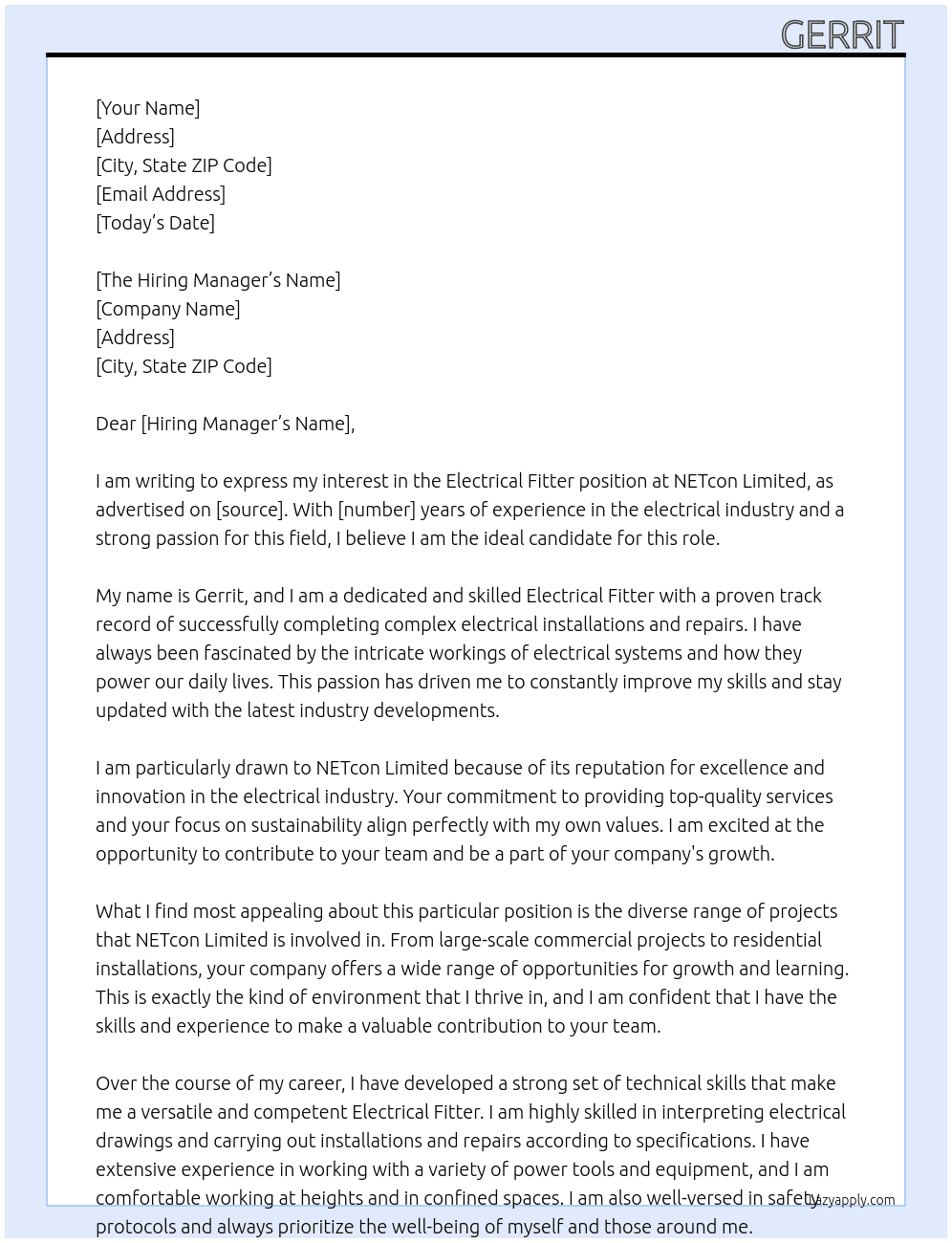 Elrectrical Fitter At NETcon Limited Cover Letter