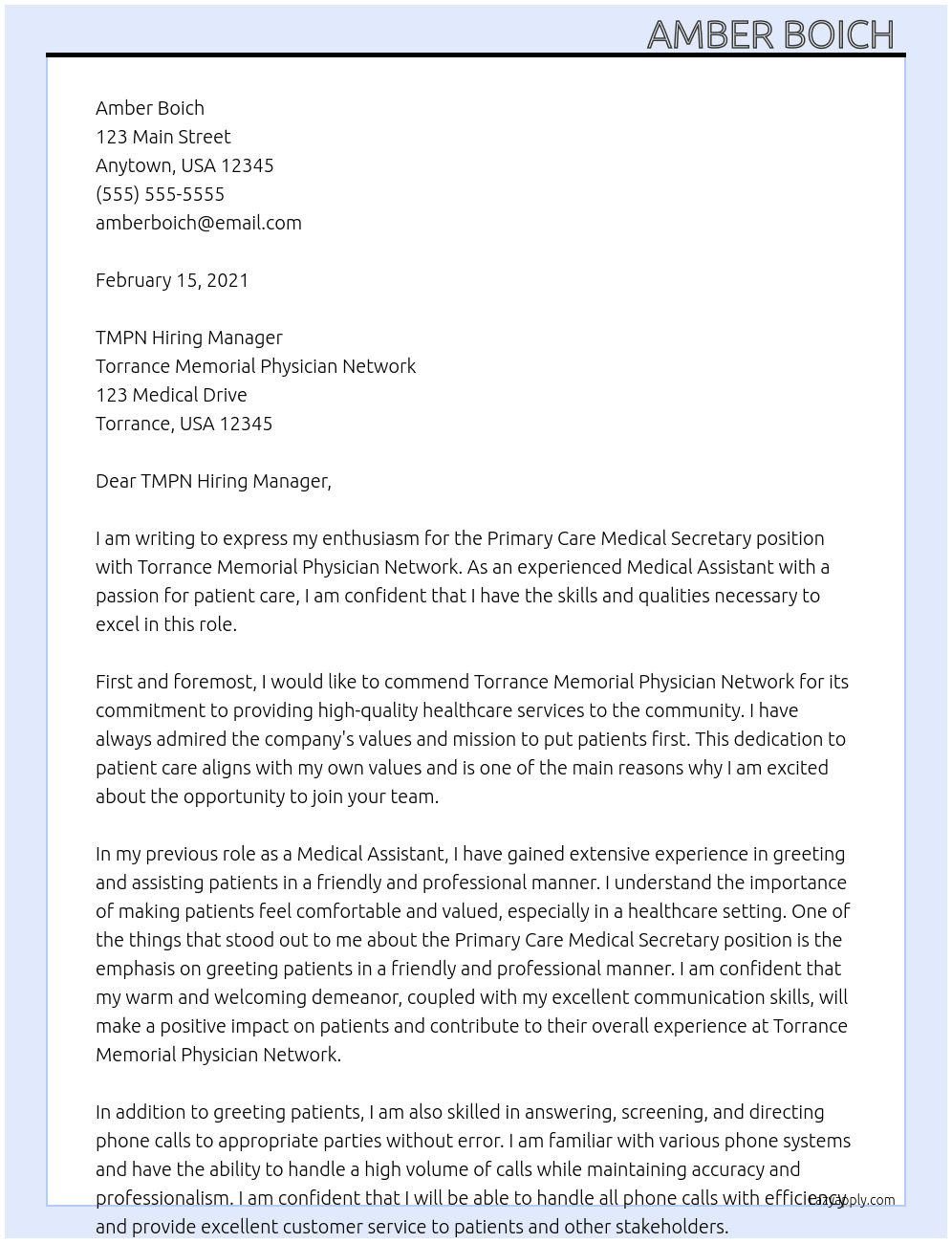 Primary Care Medical Secretary At Torrance Memorial Physician Network Cover Letter