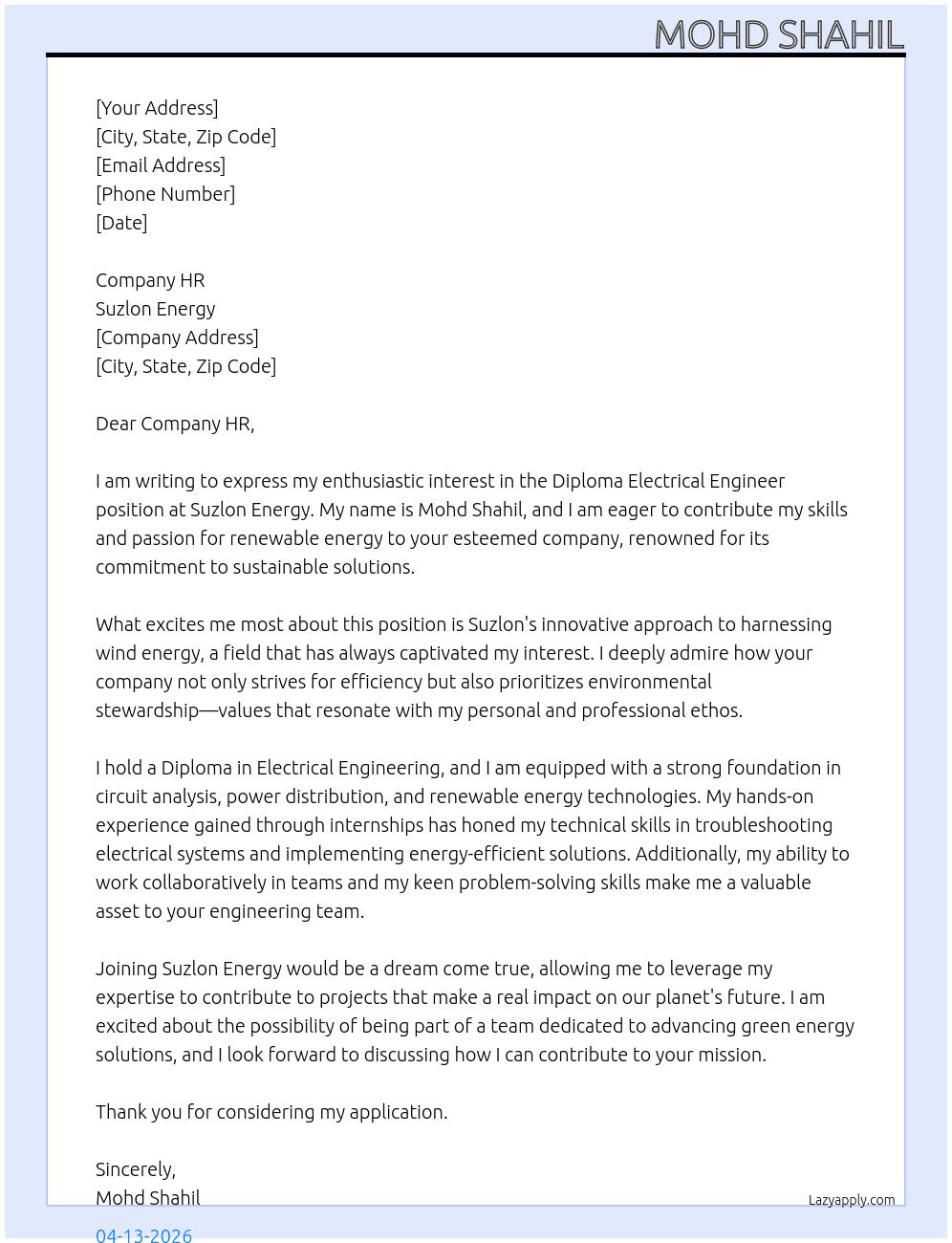 Cover letter for diploma electrical engineer - LazyApply