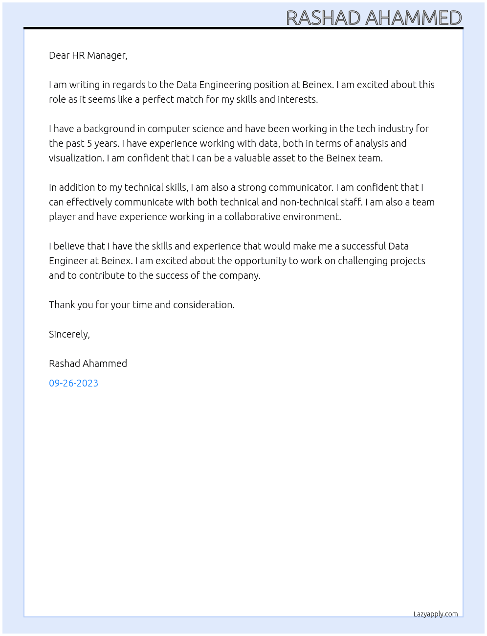 Data Engineering At Beinex Cover Letter