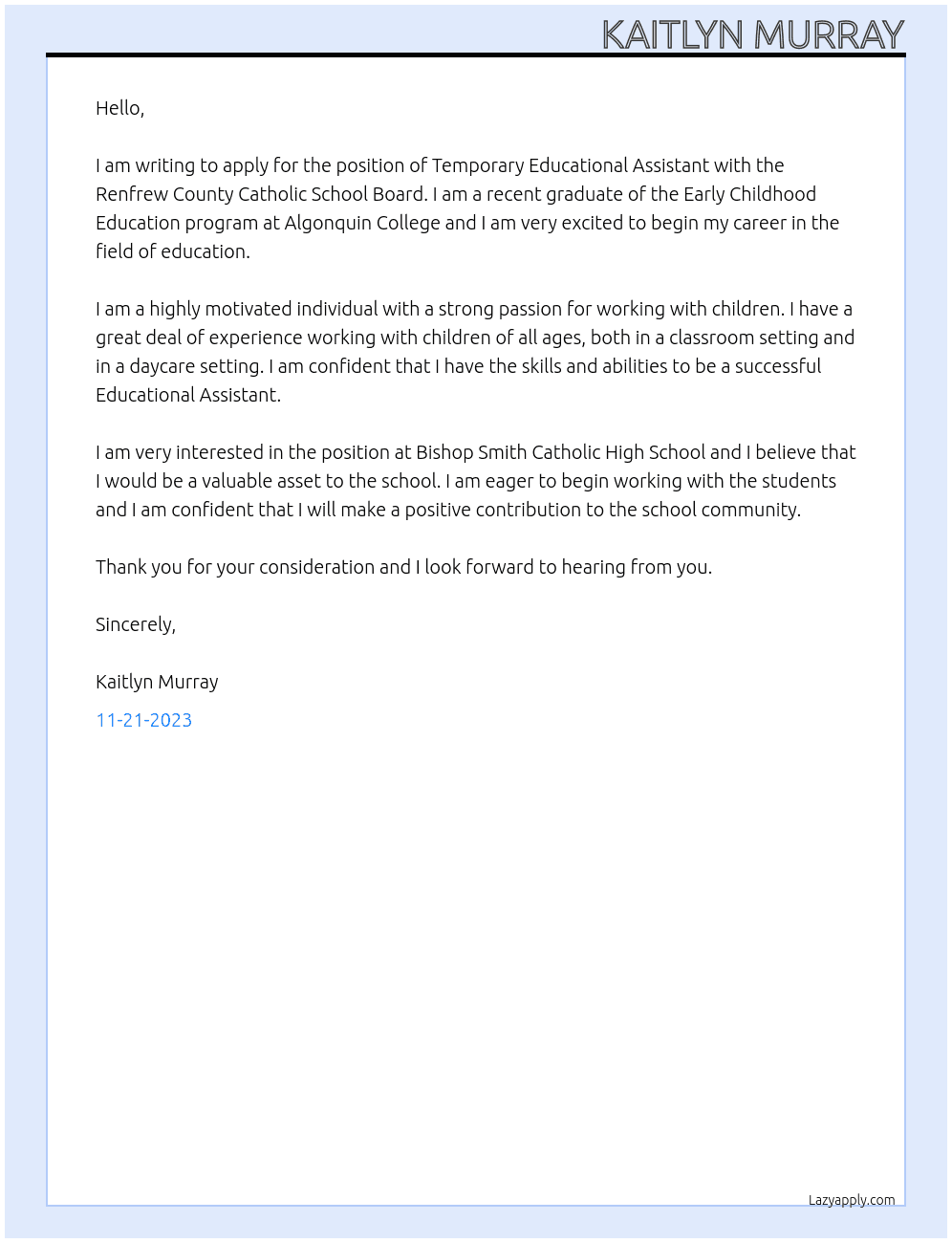 Temporary Educational Assistant  At Renfrew County Catholic School Board  Cover Letter