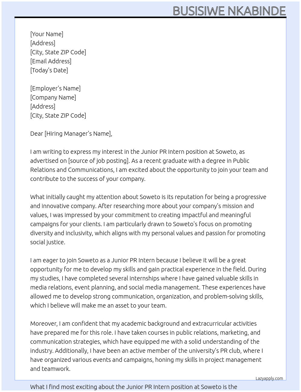 Junior PR intern At Soweto Cover Letter