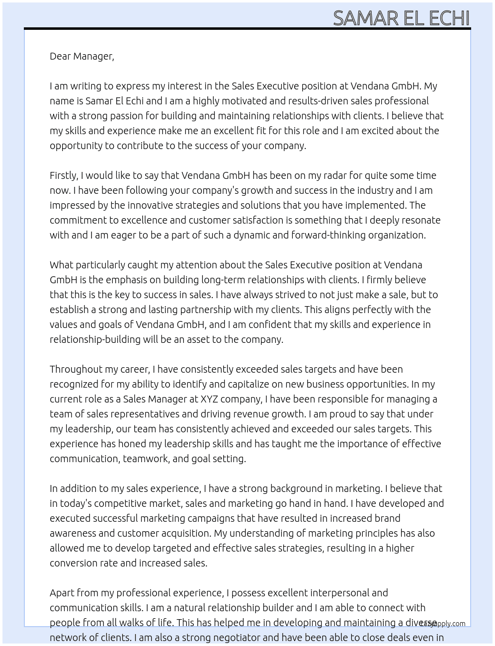 Sales Executive At Vendana GmbH Cover Letter
