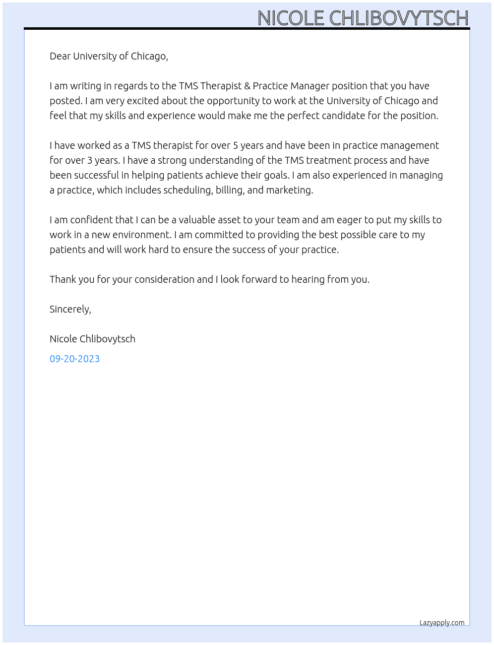 TMS Therapist & Practice Manager At University of Chicago Cover Letter