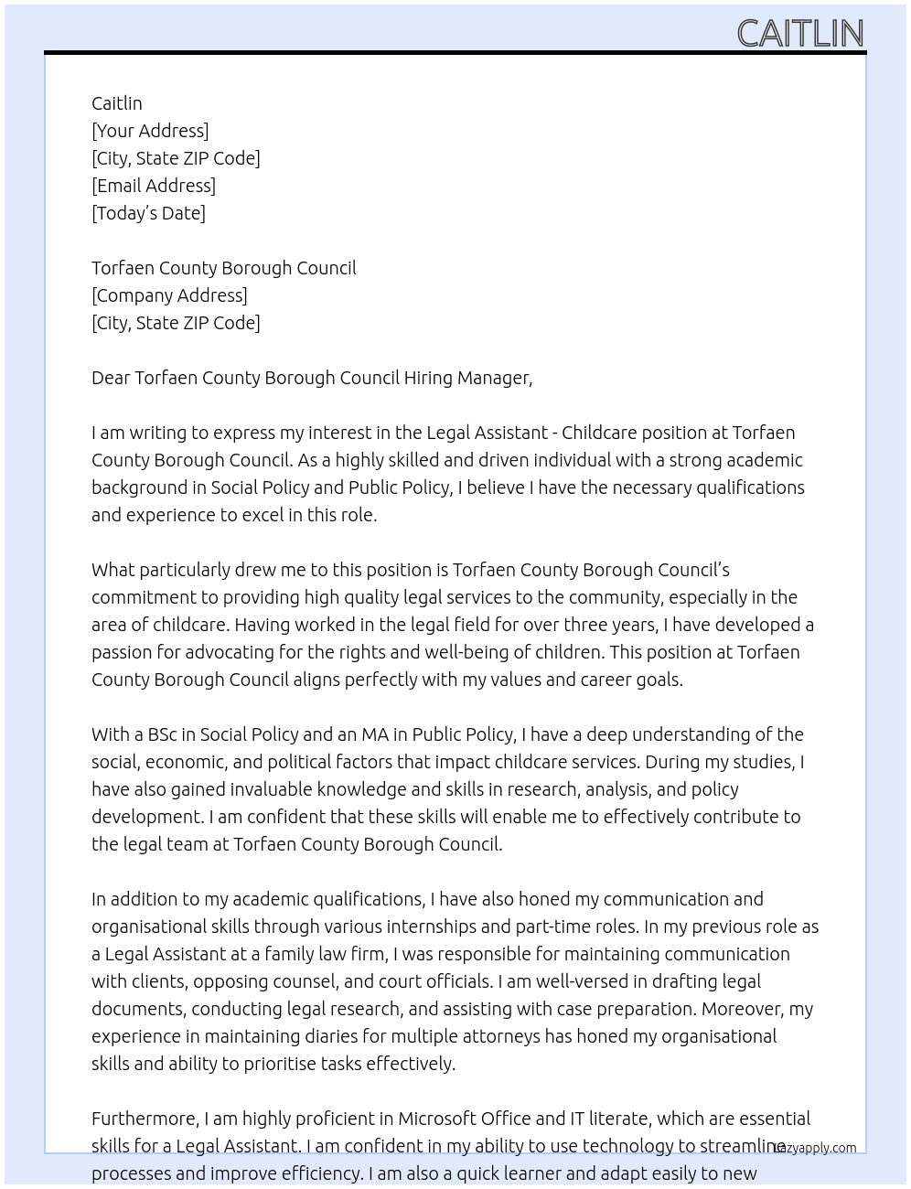 Legal Assistant - Childcare At Torfaen County Borough Council Cover Letter