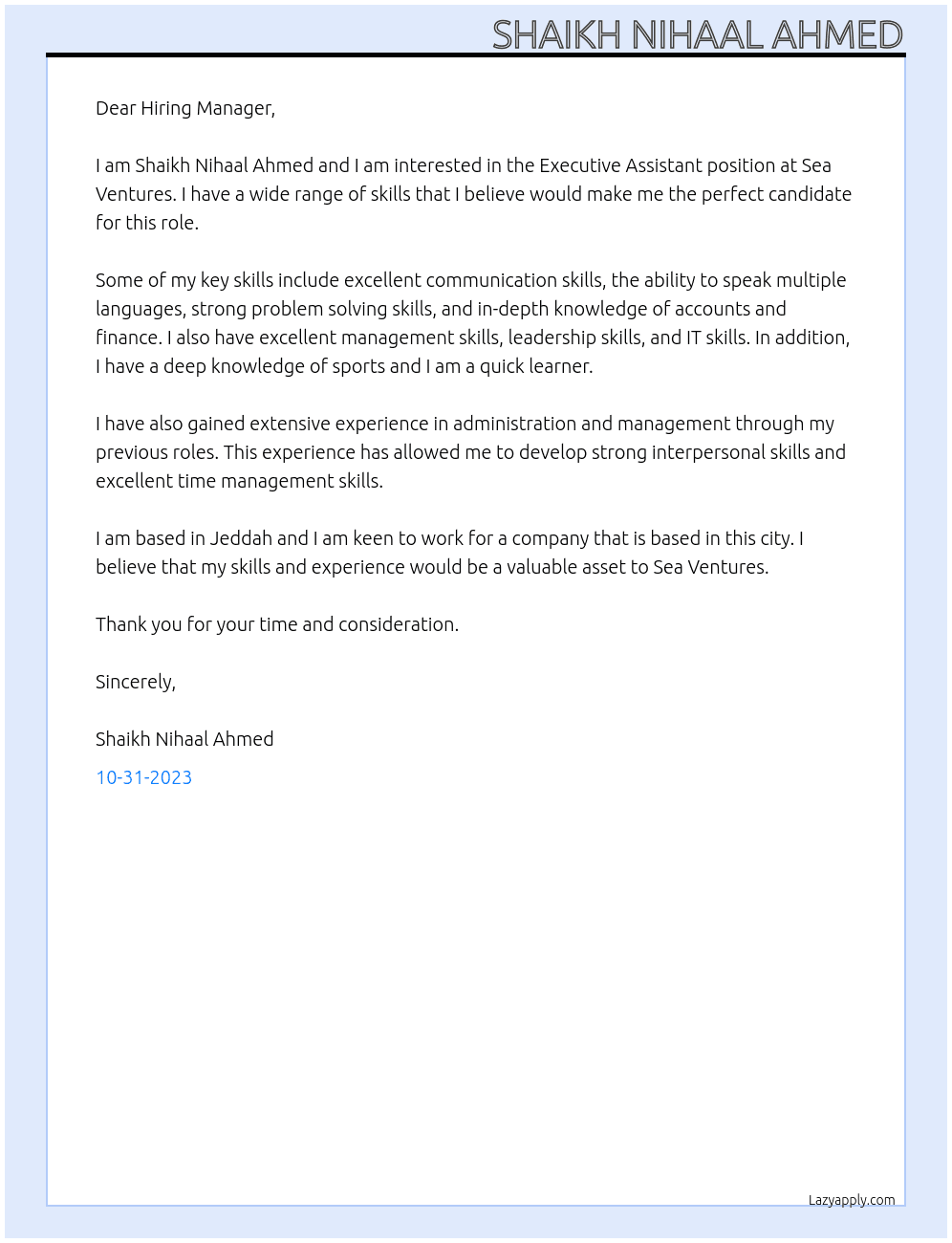 Executive Assistant At Sea Ventures Cover Letter