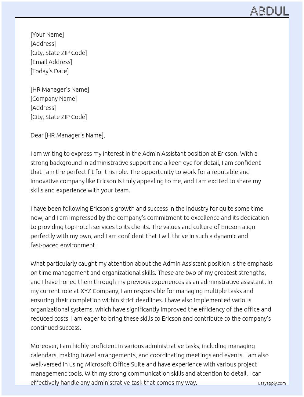Admin Assistant At Ericson Cover Letter