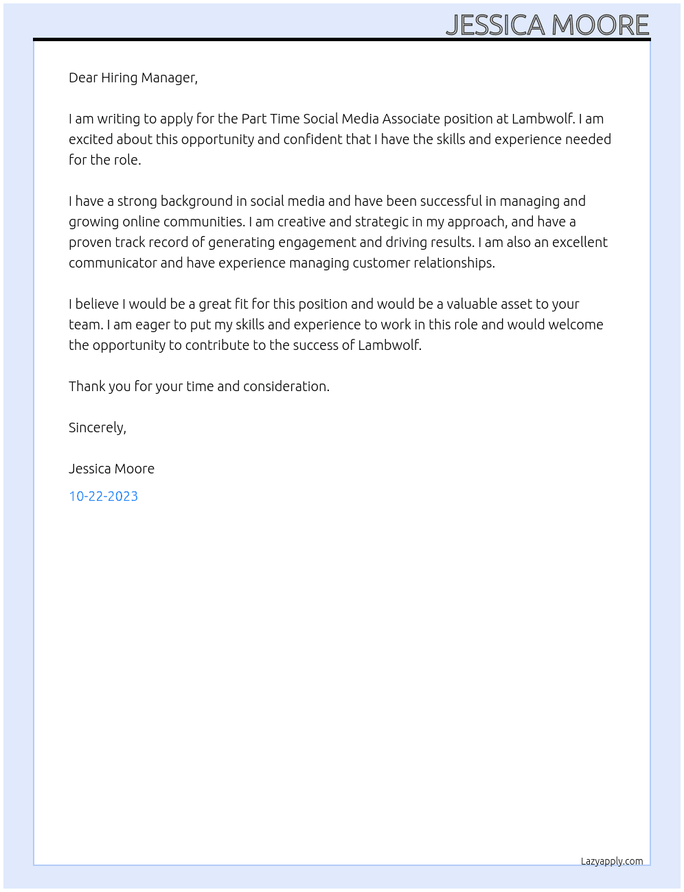 Part Time Social Media Associate At Lambwolf Cover Letter